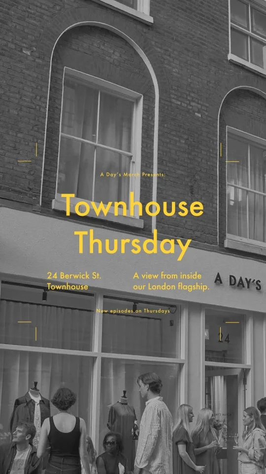 Black-and-white A Days March storefront with yellow Townhouse Thursday event lettering.