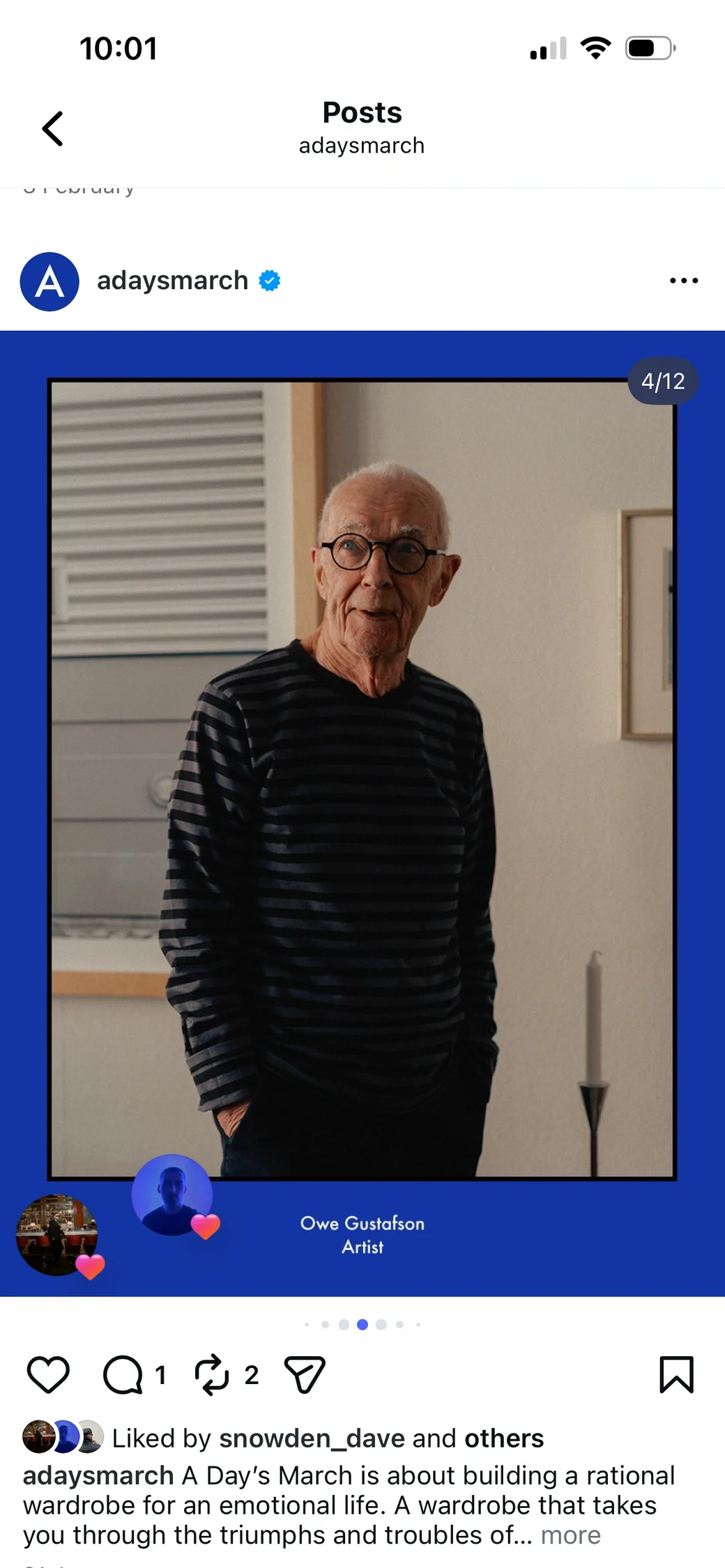 Blue-framed A Days March Instagram portrait of a man in glasses and a dark striped jumper.