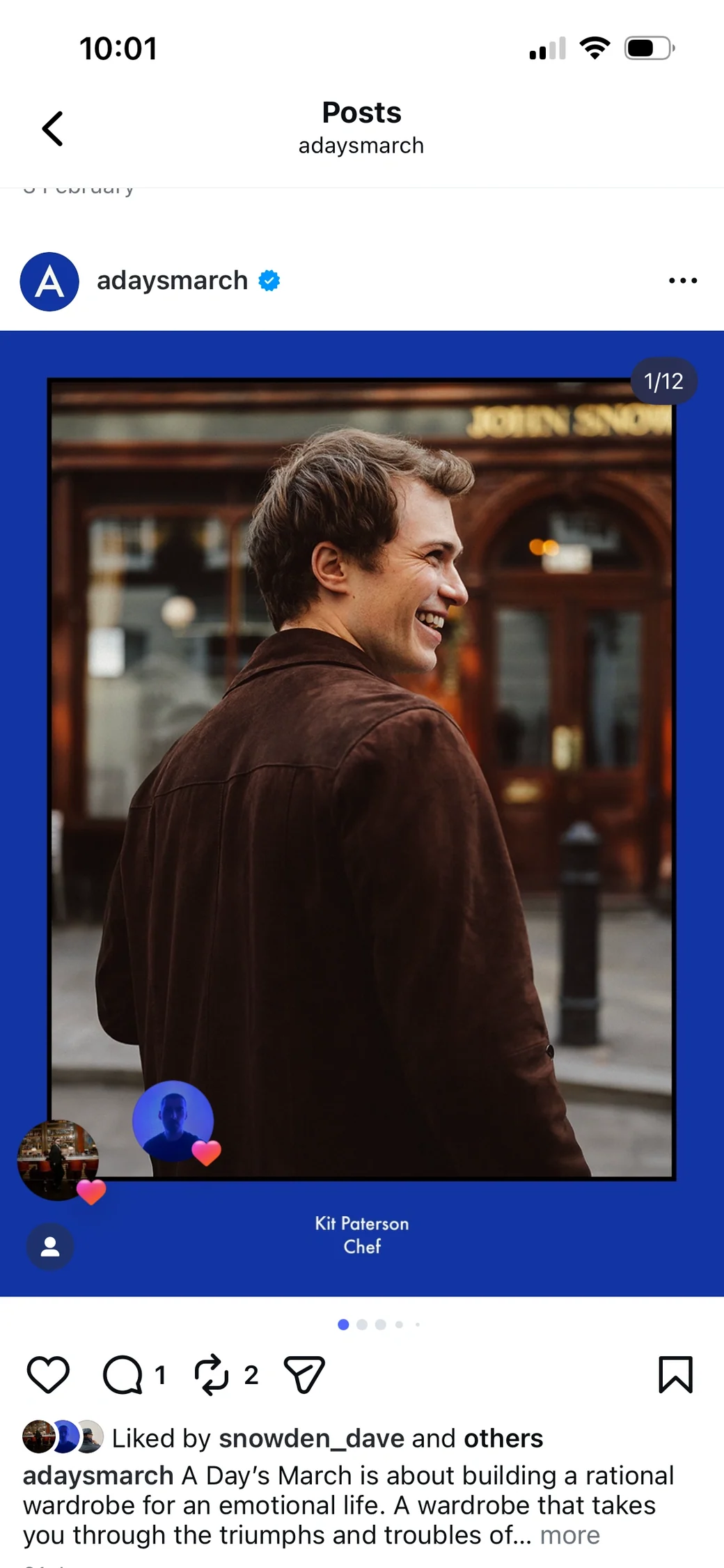 Blue-framed A Days March Instagram portrait of a smiling man looking back in a brown jacket.