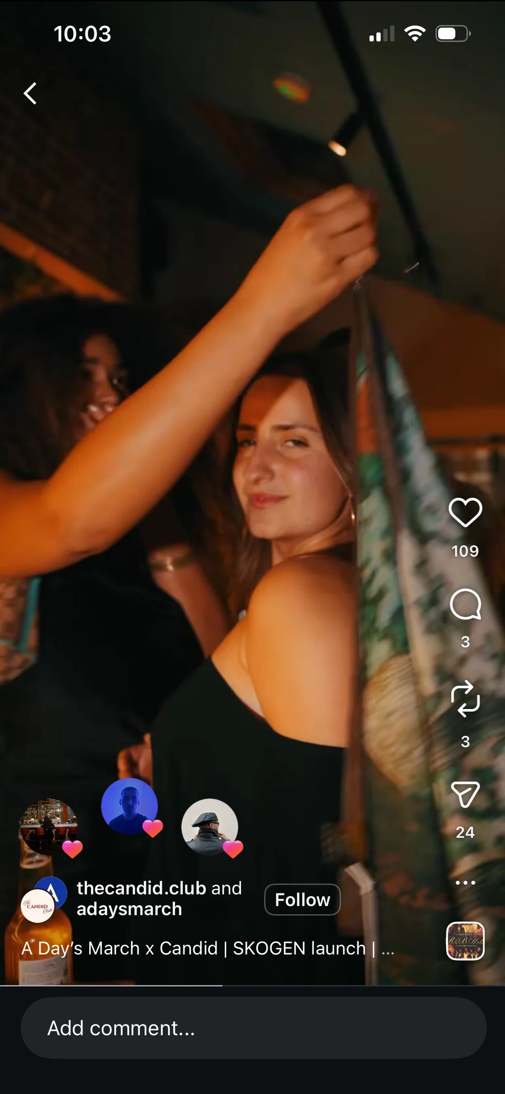 Instagram Reel showing a woman among guests at an indoor launch party.