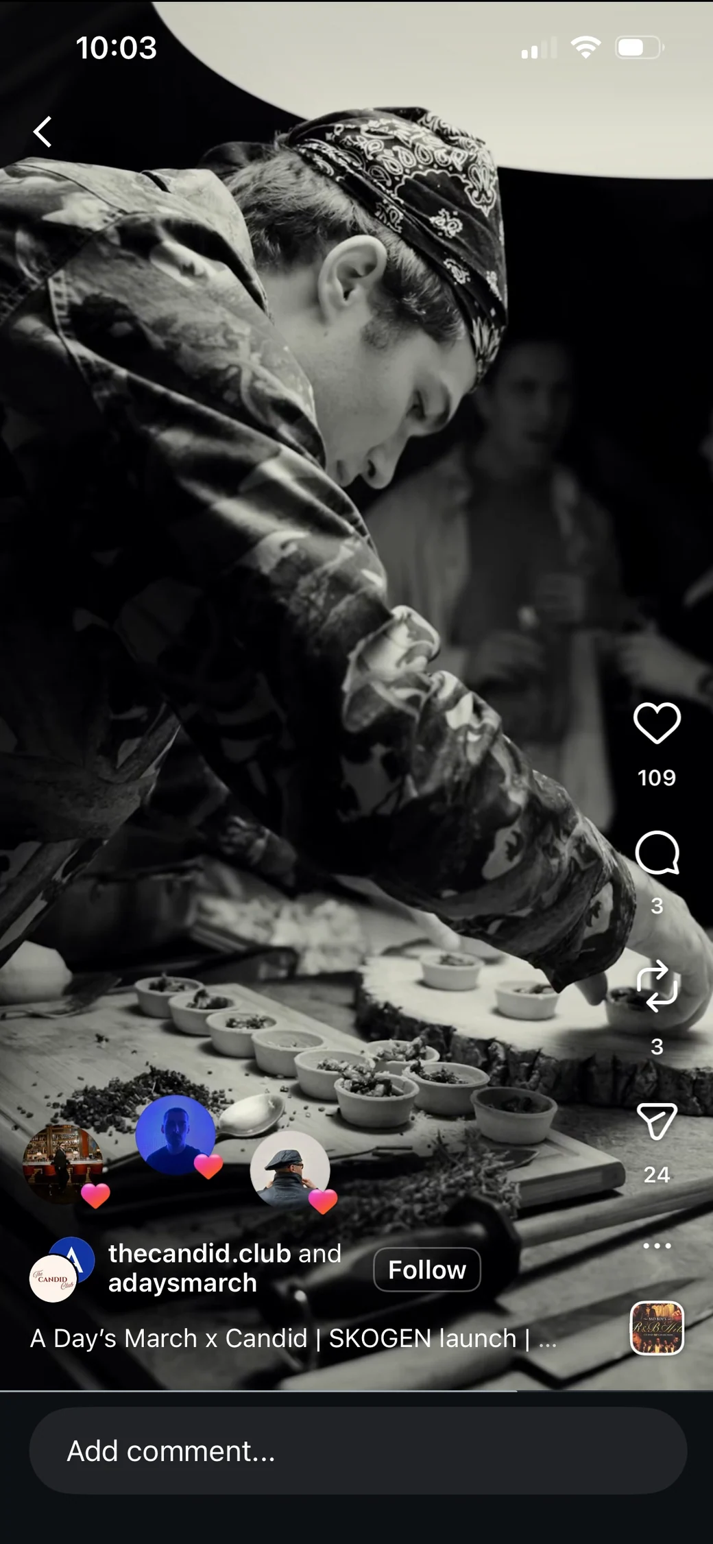 Black-and-white Instagram Reel showing a chef preparing small dishes at the A Days March and Candid launch.