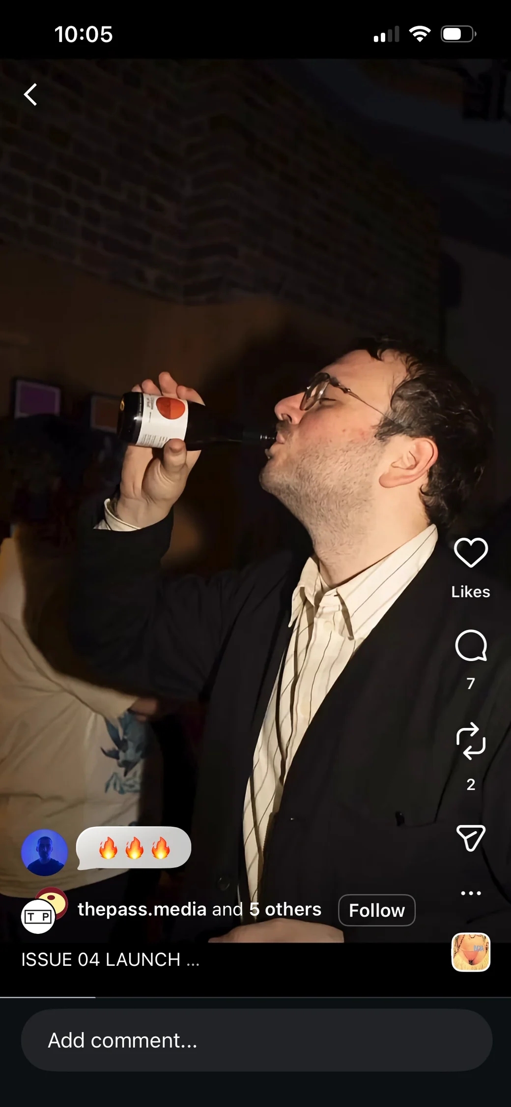 Instagram Reel showing a guest drinking from a bottle at The Pass magazine launch.