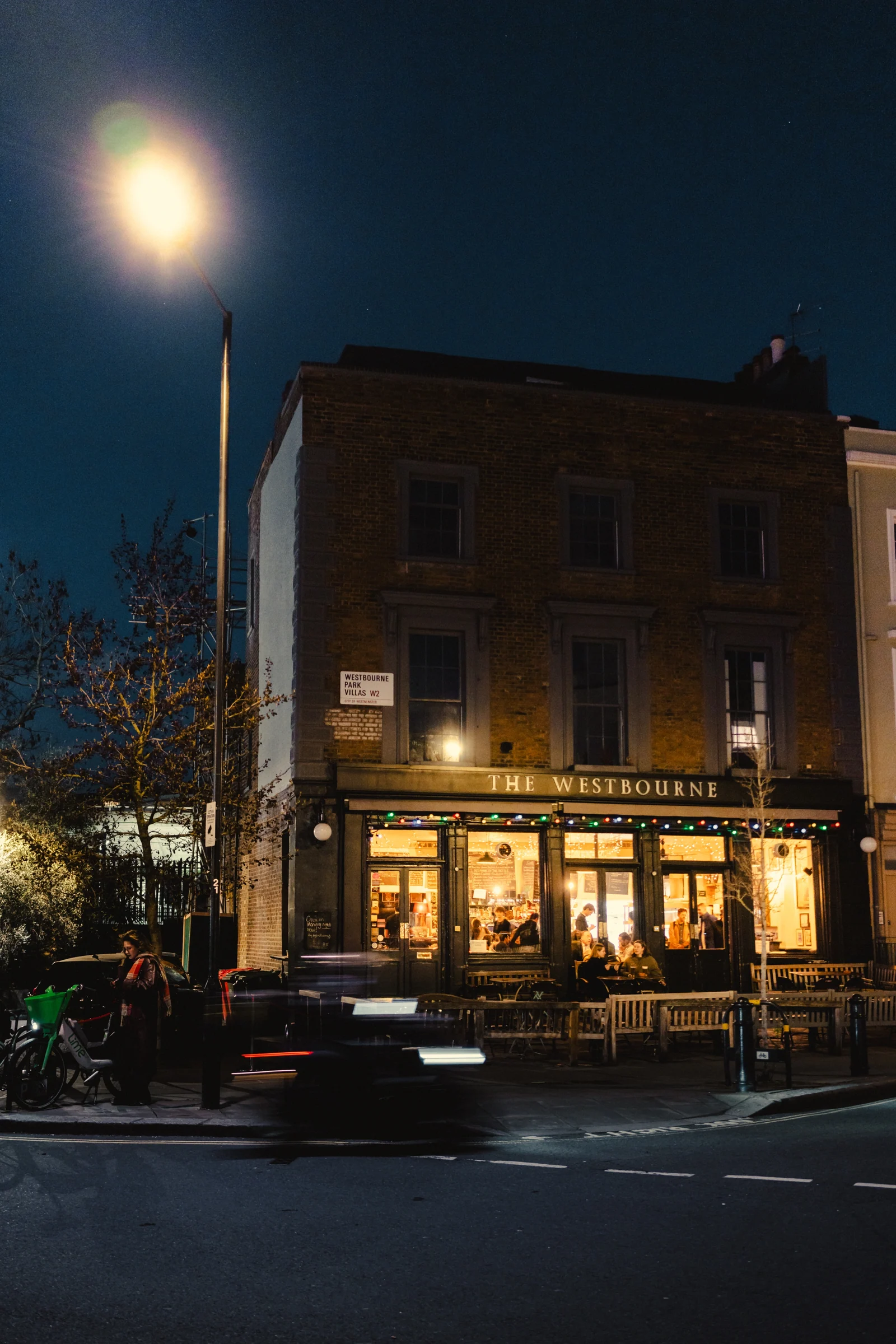 The Westbourne pub illuminated at night