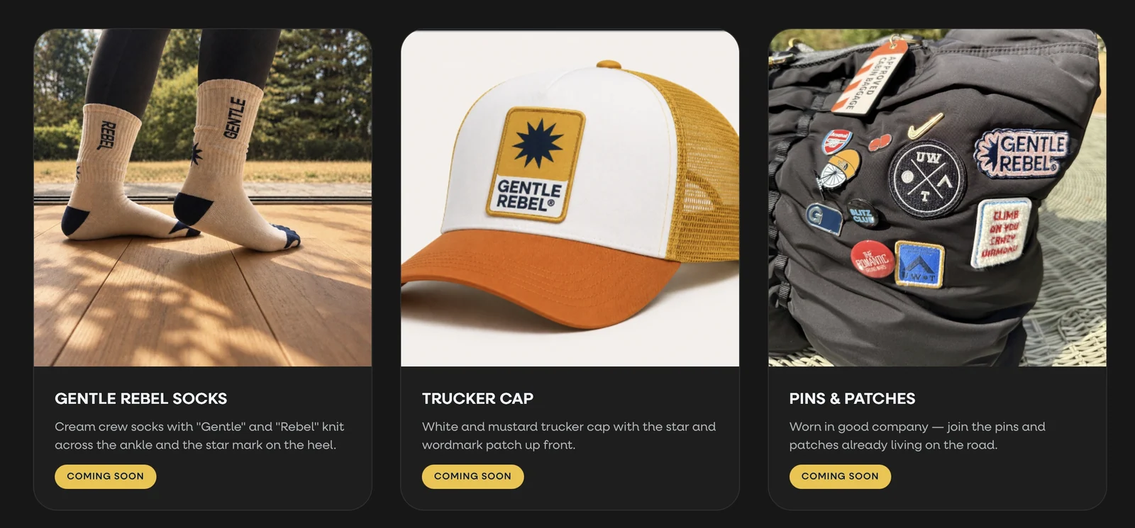 Gentle Rebel merchandise webpage showing socks, a trucker cap, pins and patches.