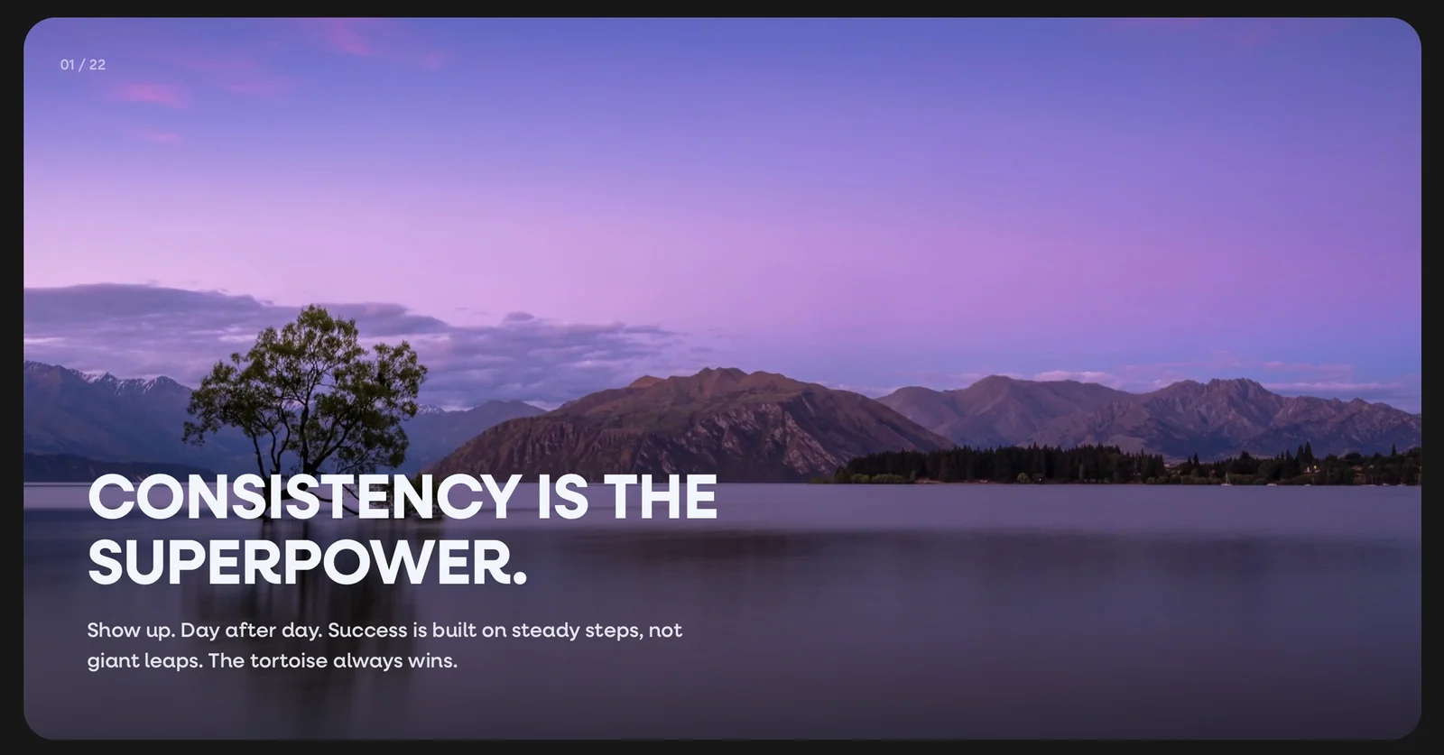Gentle Rebel webpage with a purple mountain landscape and the heading Consistency is the Superpower.