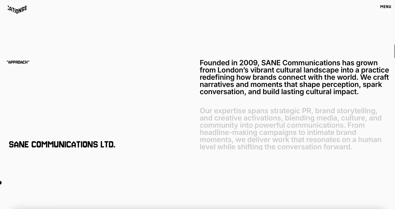 SANE Communications agency introduction page