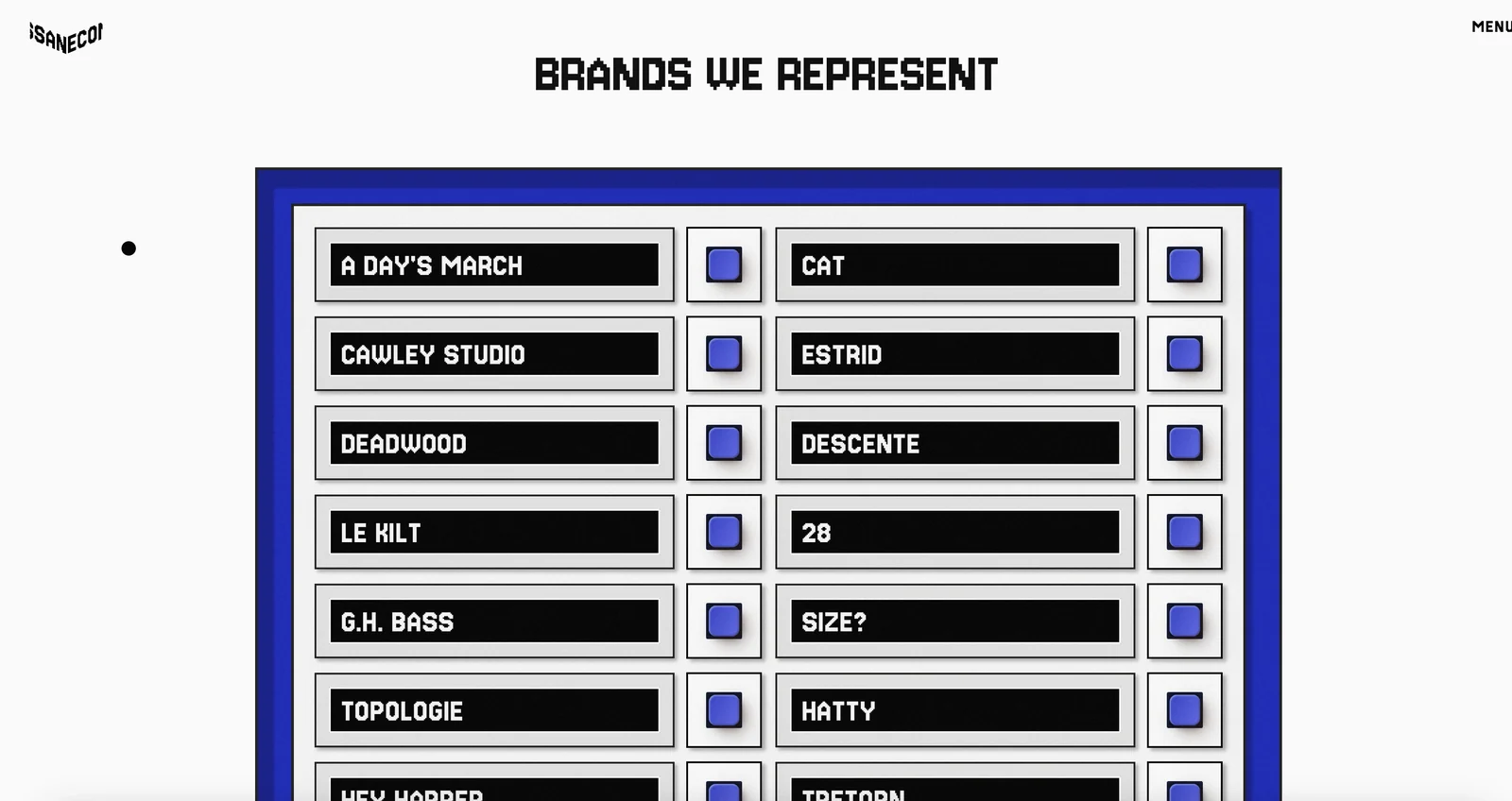 SANE Communications brands roster on a white and blue webpage